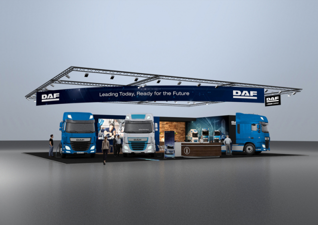 Expozice společnosti DAF na veletrhu Solutrans ve francouzském Lyonu se rozkládá na ploše 450 m2 a jsou v ní vystavena tři nákladní vozidla.